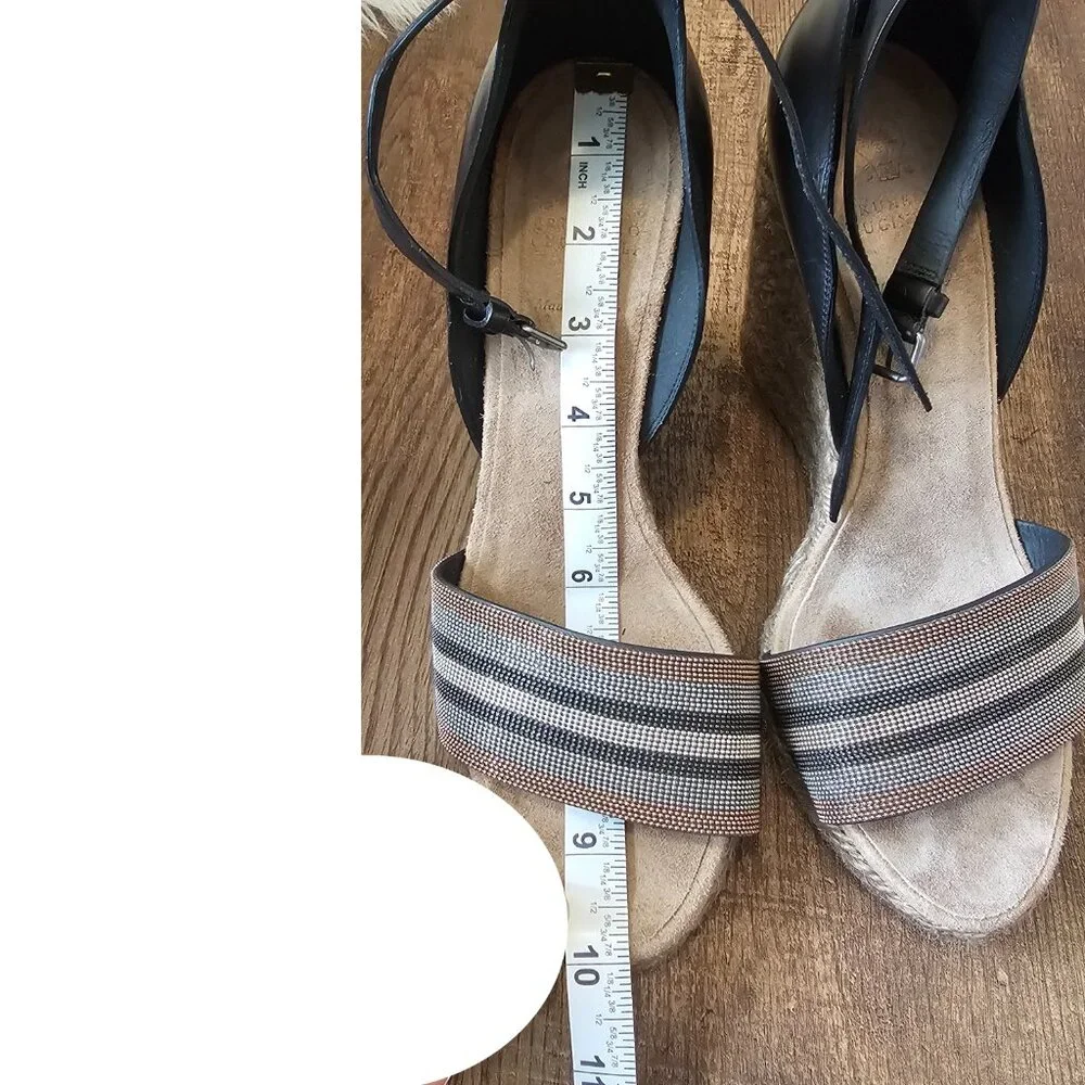 Brunello Cucinelli Monili Ankle Strap Leather Wedge Espadrille Sandals, 39IT/US9